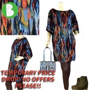 EMMA & MICHELE BLUE & TAN PRINT LONG KNIT TUNIC (XL)